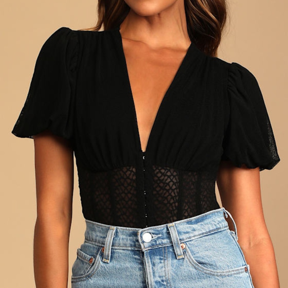 Lulus Properly Trendy Black Mesh Puff Sleeve Bodysuit - Size M
